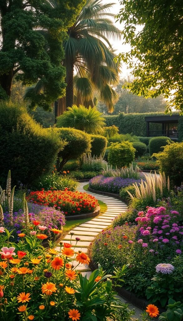 A lush, verdant garden oasis, with a vibrant array of flora in the foreground. Towering trees and verdant shrubs frame the scene, casting a warm, golden glow from the soft, diffused sunlight filtering through the canopy. In the middle ground, carefully curated garden beds overflow with a harmonious mix of flowering plants, their vibrant hues and textures creating a visually captivating display. Winding stone pathways invite exploration, leading the eye deeper into the serene, contemplative space. The overall atmosphere exudes a sense of tranquility and balance, inspiring the viewer to envision their own transformative garden vision and goals.