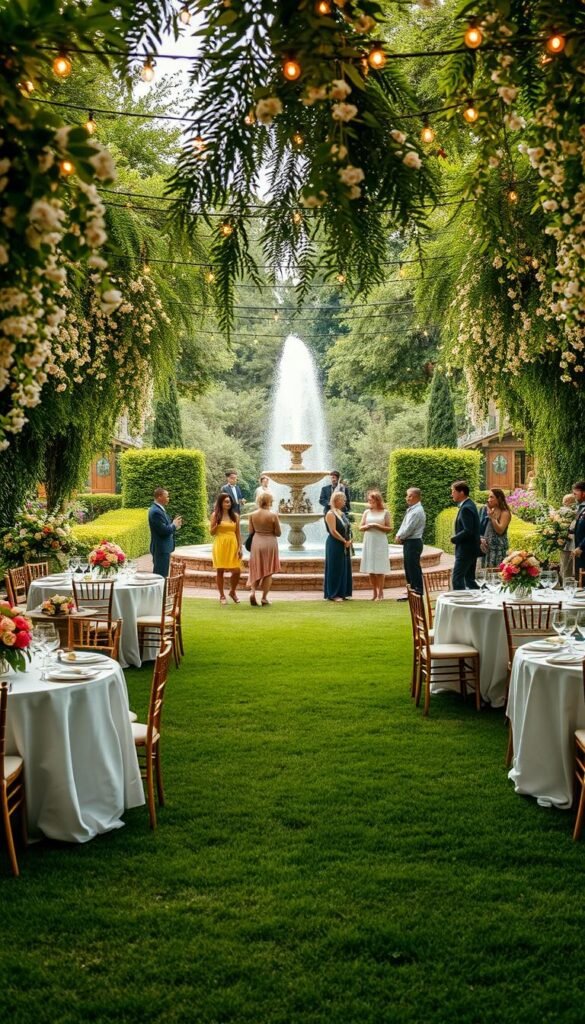 A lush, verdant garden party vision unfolds before us. In the foreground, a meticulously groomed lawn serves as a stage for elegant tables adorned with cascading floral centerpieces and fine bone china. Overhead, a canopy of twinkling string lights casts a warm, inviting glow, while delicate, pastel-hued blooms spill from hanging baskets along the perimeter. In the middle ground, guests mingle, sipping chilled cocktails and savoring artisanal canapés, their laughter and conversation mingling with the soft serenade of a classical quartet. In the distance, a shimmering fountain anchors the scene, its gentle splashing complementing the serene ambiance. This vision captures the essence of an unforgettable outdoor celebration, where nature, hospitality, and joie de vivre converge in perfect harmony.