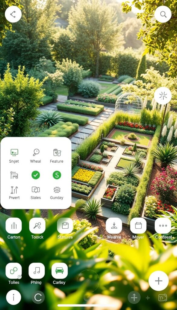 A lush, verdant garden planning app interface, designed with a clean, modern aesthetic. The foreground features a series of intuitive icons and controls, allowing users to easily navigate through various gardening tools and features. The middle ground showcases a detailed garden layout, with meticulously planned beds, pathways, and vegetation. The background features a serene, sun-dappled landscape, with soft lighting and a sense of tranquility, complementing the app's user-friendly design. The overall scene conveys a harmonious blend of technology and nature, empowering the modern gardener to plan and cultivate their dream outdoor space.