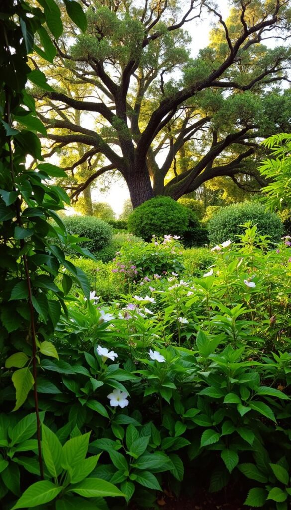 A lush, verdant garden retreat, brimming with an abundance of thriving plants. In the foreground, a tapestry of vibrant foliage, including large, lush leaves and cascading vines, creates a sense of enveloping nature. In the middle ground, delicate flowers in a variety of hues - pinks, purples, and whites - dot the landscape, adding pops of color and softness. The background features a towering canopy of mature trees, their branches reaching overhead to cast a gentle, dappled light across the scene. The overall atmosphere is one of serene tranquility, a peaceful oasis where one can escape and immerse themselves in the beauty of the natural world. Lighting is soft and warm, accentuating the verdant tones and creating a welcoming, inviting ambiance.