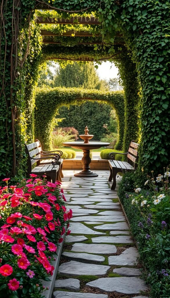 A lush, verdant garden room with distinct zoning areas. In the foreground, a stone path winds through a colorful, romantic border of fragrant flowers and trailing vines. The middle ground features a cozy seating area with rustic wooden benches and a small table, bathed in soft, natural light. Beyond, a tranquil water feature, such as a pond or fountain, reflects the sky. The background showcases a towering, ivy-covered trellis or pergola, creating a sense of enclosure and privacy. The scene is imbued with a serene, cottage-like ambiance, inviting visitors to linger and immerse themselves in the harmonious design.