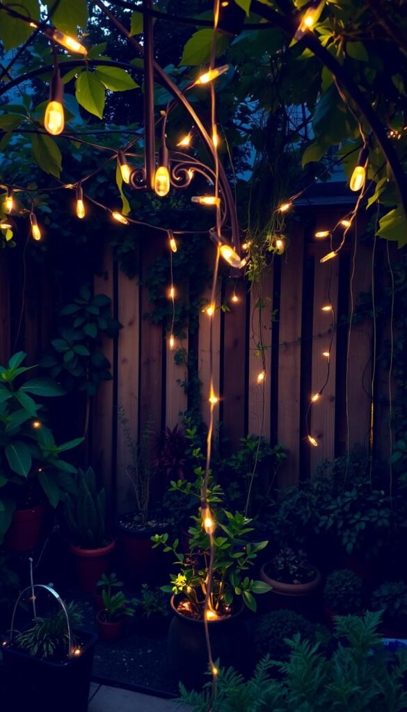 A lush, verdant garden scene bathed in the warm glow of hanging string lights. In the foreground, delicate fairy lights dangle gracefully from ornate metal arches, casting a cozy, inviting ambiance. In the middle ground, a variety of potted plants and small shrubs create a layered, natural arrangement, while the background features a wooden fence partially obscured by trailing vines and foliage. The overall mood is one of tranquility and enchantment, perfect for a serene evening in a compact outdoor oasis. Captured with a wide-angle lens to showcase the depth and scale of the scene, the image evokes a sense of intimate, atmospheric delight.