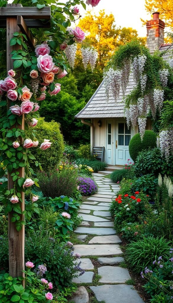 A lush, verdant garden scene featuring a charming backyard cottage. In the foreground, cascading climbing roses and delicate wisteria vines intertwine gracefully along a rustic wooden trellis, their vibrant blooms spilling over the structure. The middle ground showcases a stone path winding through the garden, bordered by a flourishing array of perennials and foliage. In the background, the cottage stands as a cozy focal point, its weathered facade complemented by the abundance of natural elements. Warm, golden afternoon light filters through the scene, casting a soft, romantic glow. Capture the essence of a picturesque, rambling cottage garden, where vertical elements seamlessly merge with the floral abundance. A lush, verdant garden scene featuring a charming backyard cottage. In the foreground, cascading climbing roses and delicate wisteria vines intertwine gracefully along a rustic wooden trellis, their vibrant blooms spilling over the structure. The middle ground showcases a stone path winding through the garden, bordered by a flourishing array of perennials and foliage. In the background, the cottage stands as a cozy focal point, its weathered facade complemented by the abundance of natural elements. Warm, golden afternoon light filters through the scene, casting a soft, romantic glow. Capture the essence of a picturesque, rambling cottage garden, where vertical elements seamlessly merge with the floral abundance.