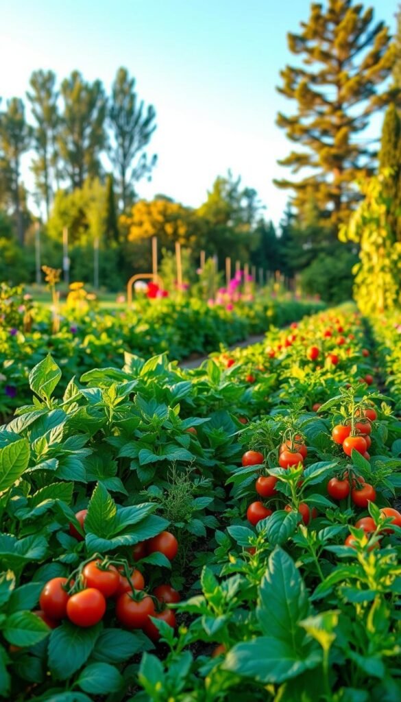 A lush, verdant garden scene showcasing a vibrant array of companion planting combinations. In the foreground, rows of thriving vegetables - leafy greens, vibrant tomatoes, and fragrant herbs - grow in harmonious clusters, their leaves gently swaying in the soft breeze. The middle ground features a mix of flowering plants, their petals in a kaleidoscope of colors, attracting a flurry of pollinating insects. In the background, a backdrop of towering trees and a clear, azure sky creates a serene, natural atmosphere. The lighting is soft and diffuse, casting a warm, golden glow over the entire scene, highlighting the intricate textures and vibrant hues of the plants. The overall composition is balanced and visually captivating, inviting the viewer to explore the beauty and functionality of a well-designed, companion-planted vegetable garden.
