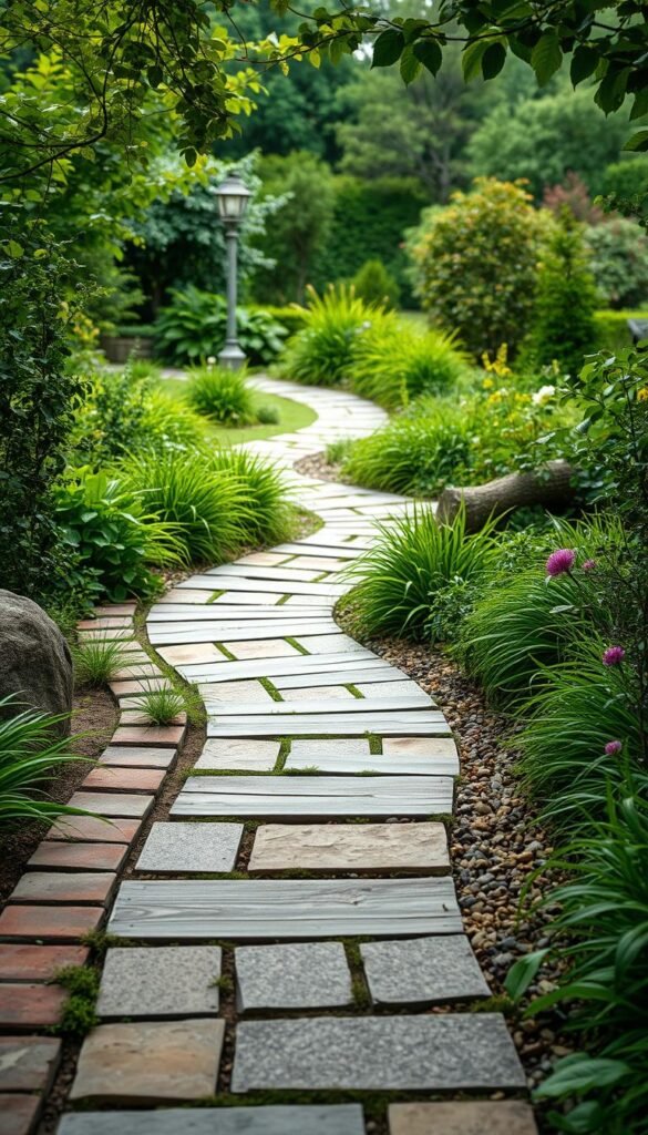 A lush, verdant garden scene showcasing a winding pathway, where various materials are thoughtfully compared. In the foreground, an assortment of pathway options - from natural stone pavers and weathered wood planks to pebbled gravel and brick - are artfully arranged, allowing viewers to visualize the aesthetic and practical differences. The middle ground features a meandering pathway, inviting exploration, while the background depicts a serene landscape of flourishing plants and a soft, diffused lighting that creates a tranquil ambiance. The scene is captured with a wide-angle lens, emphasizing the variety of materials and the harmonious integration of the pathway within the garden setting.