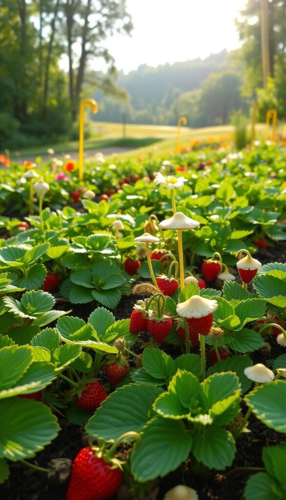 A lush, verdant garden scene showcasing organic fungal disease control methods. In the foreground, an array of vibrant, healthy strawberry plants thrive, their plump berries glistening. Encircling the plants, a diverse array of beneficial fungi and microbes work in harmony, creating a natural barrier against harmful pathogens. Delicate mushrooms sprout from the nutrient-rich soil, their caps unfurling to reveal intricate patterns. In the middle ground, a gently sloping hill is dotted with clusters of fragrant herbs and flowers, their petals and leaves rustling in a soft breeze. The background features a serene, wooded landscape, sunlight filtering through the canopy and casting a warm, golden glow over the entire scene. The overall atmosphere is one of balance, resilience, and the powerful interplay of natural systems.