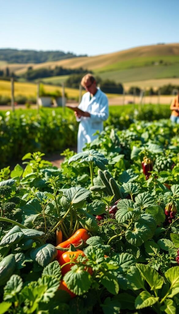 A lush, verdant garden scene showcasing the science behind companion planting. In the foreground, various vegetables and herbs thrive in harmonious arrangement, their leaves and stems intertwined, conveying a sense of symbiotic growth. The midground features a scientist or gardener examining the plants, clipboard in hand, observing the intricate relationships between the different species. The background depicts a pastoral setting, with rolling hills, a clear blue sky, and the warm glow of natural sunlight filtering through the foliage. The overall composition captures the essence of understanding the fundamental principles of companion planting for a thriving, productive vegetable garden.