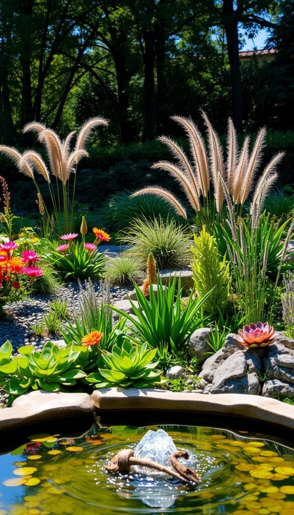 A lush, verdant garden scene with a focal point of a serene water feature. In the foreground, a tranquil pond or fountain reflecting the dappled sunlight, surrounded by a carefully curated arrangement of vibrant flowers, flowing foliage, and strategically placed decorative stones. The middle ground showcases a variety of textured plants, from tall ornamental grasses to low-growing succulents, creating a layered, visually interesting composition. In the background, a backdrop of mature trees and shrubs, casting gentle shadows and adding depth to the scene. The overall mood is one of calm and relaxation, inviting the viewer to imagine the soothing sounds of the water and the gentle rustling of the plants. Captured with a wide-angle lens, the image conveys a sense of balance and harmony, highlighting the seamless integration of the water feature into the modern garden design.