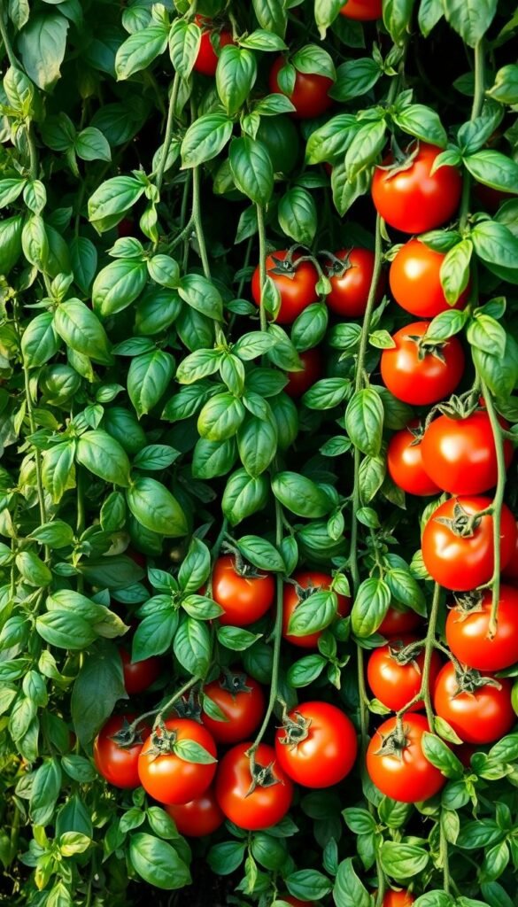 A lush, verdant garden scene with a harmonious arrangement of ripe, juicy tomatoes and fragrant basil plants. The tomato vines cascade gracefully, their vibrant red orbs nestled amidst the deep green leaves. The basil plants stand tall, their tender, aromatic leaves intertwined with the tomato foliage. Soft, natural lighting illuminates the scene, casting a warm, inviting glow. The composition is balanced, with the tomatoes and basil filling the frame, creating a visually appealing and cohesive display. The overall atmosphere evokes a sense of abundance, vitality, and the synergistic relationship between these companion plants.