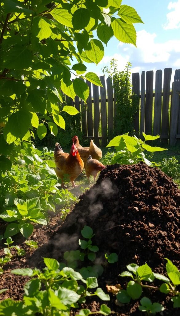 A lush, verdant garden scene with a prominent compost pile in the foreground, surrounded by vibrant green foliage and healthy vegetable plants. The compost pile is steaming gently, indicating the active decomposition of organic matter. Sunlight filters through the leaves, casting a warm, golden glow over the entire scene. In the middle ground, a happy flock of chickens scratches and pecks at the soil, their feathers shimmering in the soft light. The background features a rustic, wooden fence and a serene, blue sky dotted with fluffy white clouds. The overall mood is one of natural abundance, sustainability, and the harmonious integration of chickens and their nutrient-rich manure into a thriving, self-sustaining garden ecosystem.