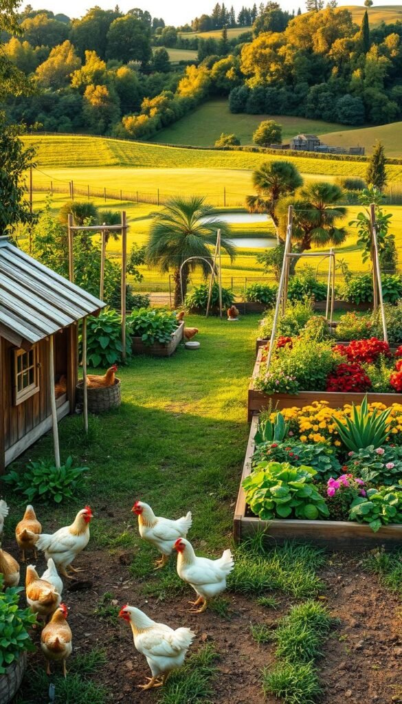 A lush, verdant garden scene with designated chicken-friendly zones. In the foreground, a charming coop and run with a slanted roof and rustic wooden fencing, housing a flock of fluffy chickens clucking and pecking the ground. The middle ground showcases raised garden beds bursting with vibrant vegetables, herbs, and flowers, interspersed with strategically placed perches and dust baths for the chickens. In the background, a rolling landscape dotted with fruit trees and a small pond, illuminated by soft, natural lighting as if captured during the golden hour. The overall atmosphere is one of harmony and sustainability, where the integration of chickens and plants creates a thriving, self-sufficient ecosystem.