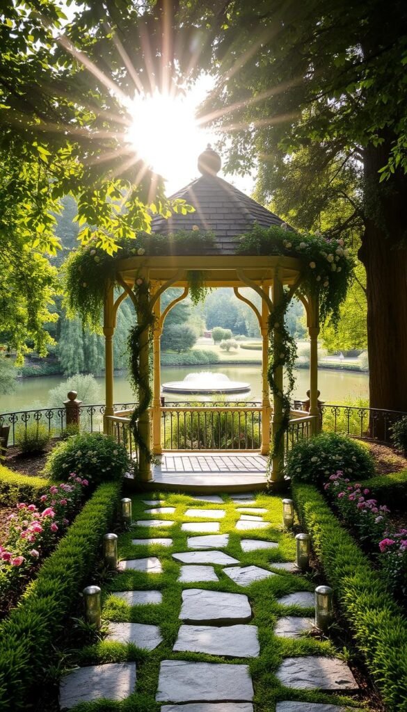 A lush, verdant garden setting with a charming gazebo at the center, adorned with cascading vines and blooming flowers. The sun filters through the leaves, casting a warm, romantic glow across the scene. In the foreground, a stone pathway leads to the gazebo, flanked by neatly manicured flower beds and towering trees. In the background, a tranquil pond reflects the serene surroundings, completing the enchanting, picturesque atmosphere of an idyllic garden wedding venue.