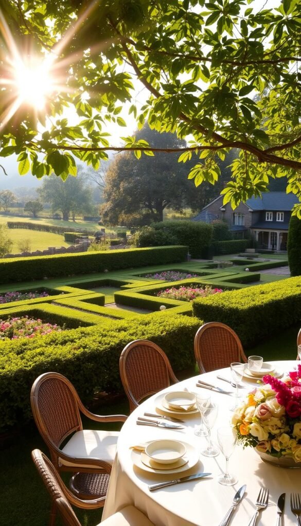 A lush, verdant garden setting with a elegant table laid out for an alfresco celebration. Soft, warm sunlight filters through the leafy canopy, casting a golden glow over the scene. In the foreground, a beautifully decorated table with flowing floral centerpieces, delicate china, and gleaming silverware. Comfortable wicker chairs surround the table, inviting guests to lounge and savor the moment. In the middle ground, neatly trimmed hedges and blooming flower beds border the gathering area. The background features a gently rolling landscape, with mature trees and a hint of a charming country house. An atmosphere of relaxed sophistication and joyful revelry pervades the idyllic garden party.