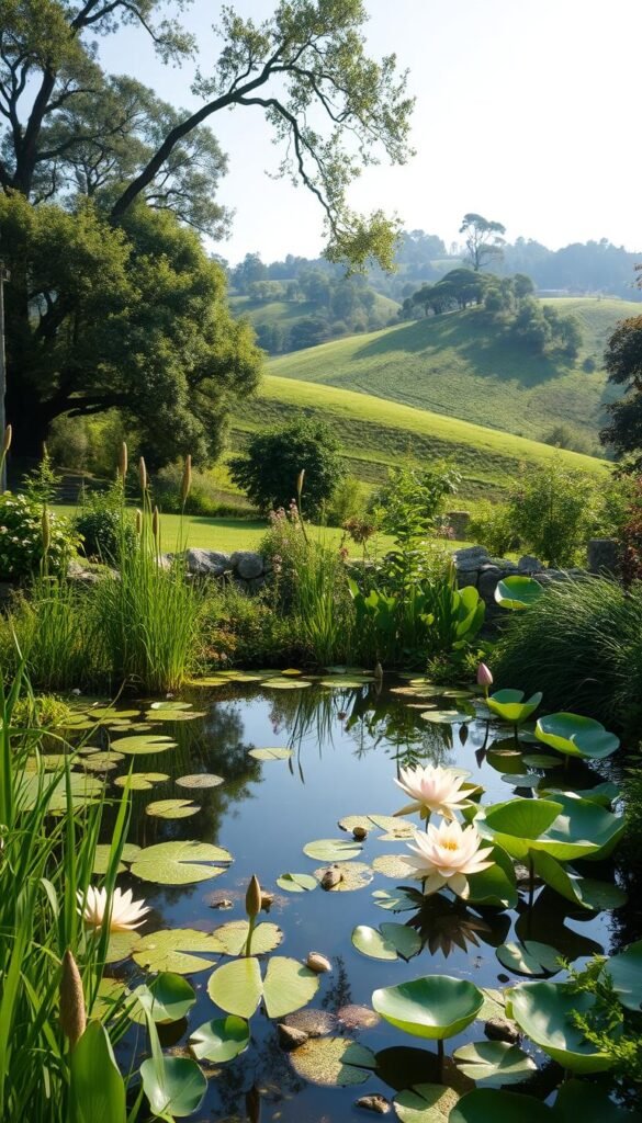 A lush, verdant garden setting with a serene, reflective pond as the central focal point. The pond is surrounded by a variety of water-loving plants, such as cattails, lotus flowers, and water lilies, creating a natural, harmonious composition. The background features a rolling, hilly landscape dotted with mature trees, casting soft, dappled light across the scene. The overall mood is one of tranquility and calm, inviting the viewer to pause and appreciate the beauty of this well-designed water feature integration within the broader landscape. Captured with a wide-angle lens to accentuate the depth and scale of the environment, the image conveys a sense of balance and intentionality in the garden pond's design.