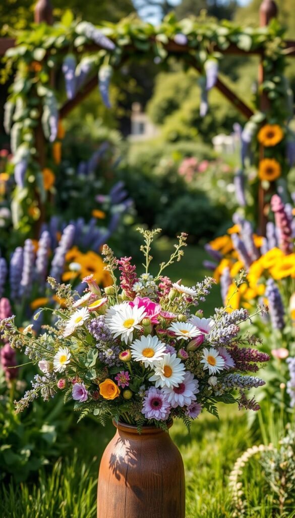 A lush, verdant garden setting with a stunning array of eco-friendly wedding flowers. In the foreground, a vibrant bouquet of wildflowers, such as daisies, peonies, and eucalyptus, artfully arranged in a rustic wooden vase. In the middle ground, a backdrop of blooming flowers, including delicate lavender, cheerful sunflowers, and fragrant lilacs, gently swaying in a soft breeze. The background features a picturesque wooden arch, draped with cascading vines and greenery, creating a stunning focal point for the ceremony. Warm, natural lighting bathes the scene, highlighting the organic textures and vibrant colors of the flowers. The overall atmosphere is one of serene beauty, perfectly capturing the essence of a DIY, eco-friendly wedding celebration.
