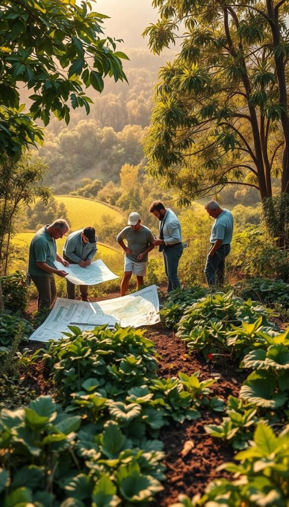 A lush, verdant garden setting with a team of horticulturists and landscape architects meticulously surveying the terrain. The foreground features a group huddled over a detailed site map, examining soil samples and taking precise measurements. The middle ground showcases the varied flora and fauna, with diverse vegetation and wildlife thriving in the natural environment. The background depicts the surrounding landscape, perhaps rolling hills or a serene forest, bathed in warm, golden sunlight filtering through the canopy. The overall scene conveys a sense of harmony, as the team works in unison to analyze the site and identify the optimal conditions for a self-sustaining garden model.