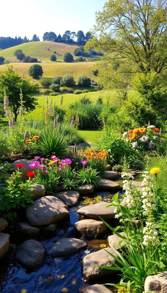 A lush, verdant garden setting with carefully selected plants and natural elements. In the foreground, a tranquil rain garden with smooth stones and gently flowing water, surrounded by vibrant flowers and greenery. The middle ground features a diverse array of native species that thrive in the sustainable environment. In the background, a gently sloping landscape with rolling hills, mature trees, and a clear blue sky overhead, casting warm, natural lighting across the scene. The overall atmosphere conveys a sense of harmony, balance, and environmental stewardship, perfectly suited for a section on planning a rain garden with sustainable goals.
