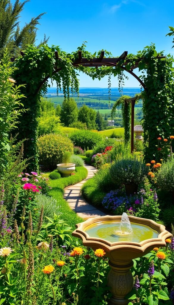 A lush, verdant garden showcasing a variety of inspirational elements. In the foreground, an ornate stone fountain glistens in the warm sunlight, surrounded by colorful blooms and fragrant herbs. The middle ground features a meandering path leading through an abundance of flourishing plants, from towering shrubs to delicate wildflowers. In the background, a picturesque arbor draped with cascading vines frames a serene vista of rolling hills and a distant, hazy horizon. The overall scene conveys a sense of tranquility, inviting the viewer to envision the possibilities for their own backyard oasis.