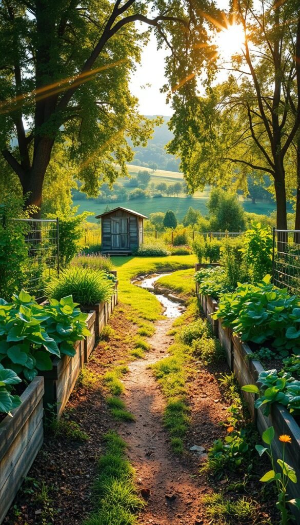 A lush, verdant garden unfolds, bursting with vibrant hues and the promise of bountiful harvests. In the foreground, a winding path leads the viewer on an organic gardening journey, flanked by thriving raised beds brimming with leafy greens, fragrant herbs, and plump vegetables. Rays of warm, golden sunlight filter through the canopy of towering trees, casting a serene glow over the scene. In the middle ground, a weathered wooden shed stands as a testament to the hard work and dedication of the gardener. Meandering through the landscape, a small stream adds a soothing melody, reflecting the harmony of nature. The background reveals a rolling hillside, adorned with wildflowers and the silhouettes of distant trees, creating a tranquil and inviting atmosphere. This image captures the essence of an organic gardening journey, where nature and nurture converge in a symphony of life.