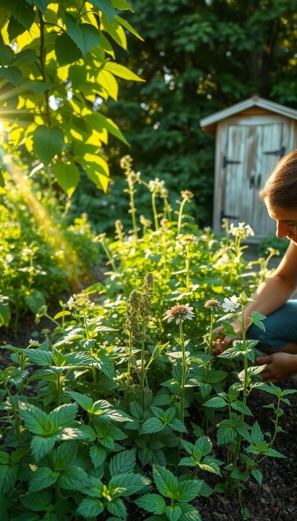 A lush, verdant garden with thriving medicinal herbs and plants. The sun's rays filter through the canopy, casting a warm, gentle glow on the foliage. In the foreground, a gardener kneels, carefully examining the soil and leaf patterns, assessing the plants' sunlight exposure. The middle ground showcases a variety of herbs, each with unique shapes and shades of green, basking in the optimal light conditions. In the background, a weathered garden shed stands, providing context for the gardening setting. The overall scene conveys a sense of tranquility, exploration, and a deep understanding of the plants' environmental needs.