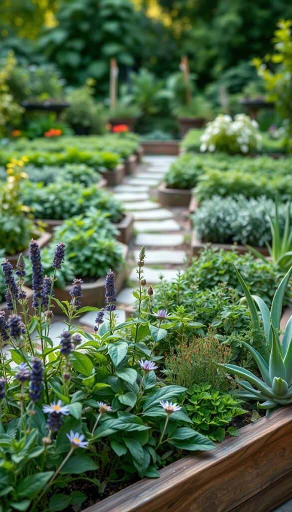 A lush, verdant herb garden laid out in a harmonious, space-saving arrangement. In the foreground, a raised planter bed showcases a vibrant array of fast-growing medicinal herbs like lavender, rosemary, and chamomile, their leaves gently swaying in the soft, diffused sunlight. In the middle ground, a winding stone path leads through neatly organized plots of bushy basil, fragrant thyme, and resilient aloe vera. The background features a soothing, out-of-focus backdrop of verdant foliage, hinting at the garden's tranquil, secluded setting. The overall composition conveys a sense of order, productivity, and a deep connection to the natural world.