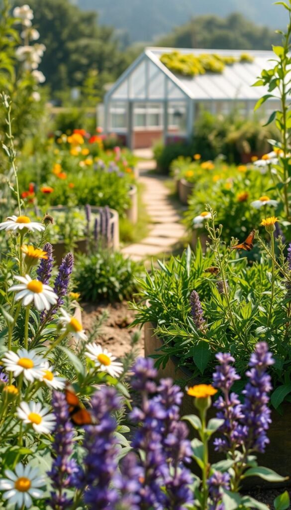 A lush, verdant herb garden thriving in a permaculture setting. In the foreground, a diverse array of medicinal herbs - chamomile, lavender, rosemary, and echinacea - grow in raised beds, their leaves gently swaying in the breeze. The middle ground showcases a winding pathway lined with edible flowers, inviting exploration. In the background, a greenhouse with a living roof blends seamlessly into the landscape, harnessing natural light and rainwater for a sustainable growing system. The scene is bathed in warm, golden light, casting a serene and nourishing atmosphere. Bees and butterflies flit among the blooms, underscoring the garden's harmony with nature.