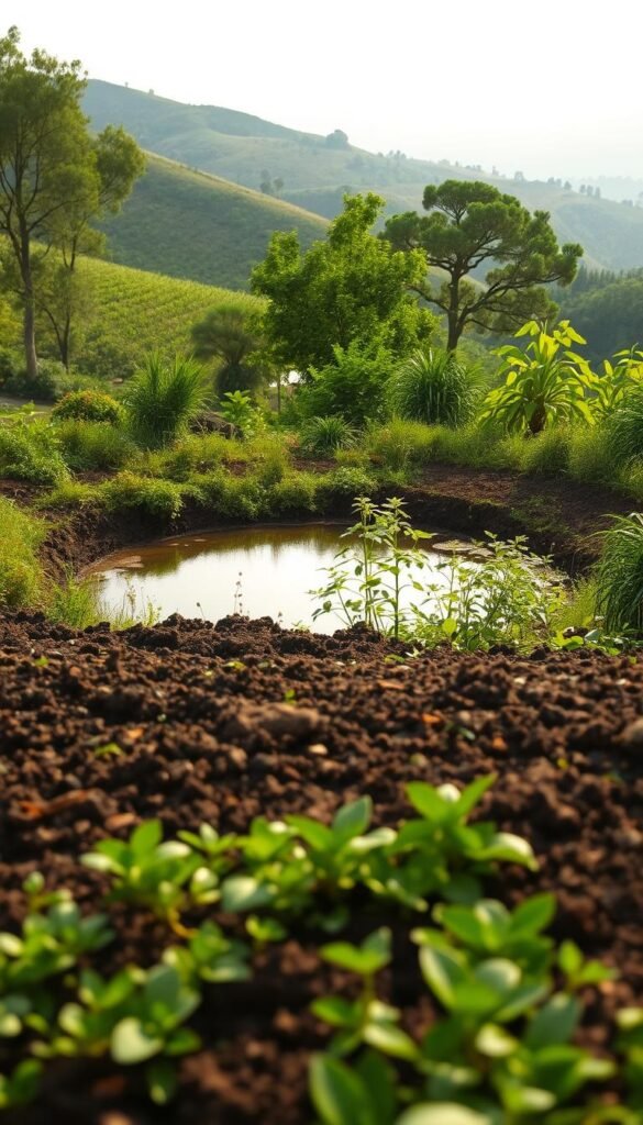 A lush, verdant landscape with a serene pond at its center, surrounded by diverse native plants and trees. The foreground features rich, dark soil teeming with life, while the middle ground showcases a variety of moisture-loving flora thriving in the well-managed water system. In the background, rolling hills and a bright, diffused sky create a sense of depth and tranquility. Soft, warm lighting illuminates the scene, highlighting the natural textures and vibrant colors. The overall composition conveys a harmonious balance between water management and soil health, showcasing a healthy, resilient ecosystem.