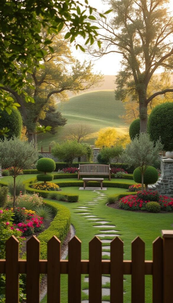 A lush, verdant landscape with a well-designed outdoor space, featuring a meandering garden path lined with vibrant flowers and strategically placed trees. In the foreground, a wooden fence frames the scene, creating a sense of enclosure and intimacy. The middle ground showcases a well-curated arrangement of shrubs, hedges, and ground cover, artfully guiding the viewer's eye towards the focal point - a central seating area with a simple, yet elegant wooden bench. The background features a gently rolling hill, bathed in warm, golden sunlight that filters through the canopy of mature trees, casting a soft, natural glow over the entire composition. The overall mood is one of tranquility, inviting the viewer to immerse themselves in the serene, thoughtfully designed outdoor oasis.
