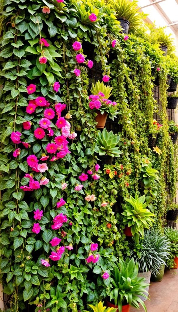 A lush, verdant living wall design featuring an intricate arrangement of cascading foliage and vibrant blooms. The foreground showcases a variety of trailing vines, leafy plants, and colorful flowers in shades of green, pink, and purple, creating a captivating textural display. The middle ground transitions to larger potted plants and trailing succulents, adding depth and visual interest. In the background, a sturdy, modular trellis structure provides the foundation for the living wall, seamlessly integrating the natural elements. Warm, natural lighting casts a soft, inviting glow, highlighting the verdant, thriving composition. The overall scene conveys a sense of tranquility, natural beauty, and urban gardening ingenuity.