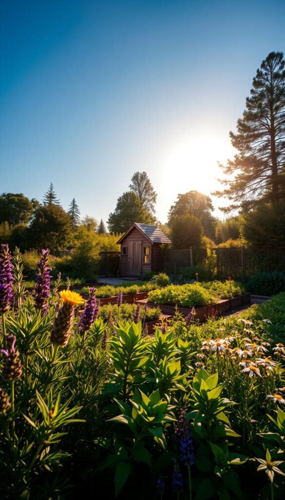 A lush, verdant medicinal herb garden bathed in warm, golden sunlight. In the foreground, an abundance of leafy green herbs like rosemary, lavender, and chamomile sway gently in a soft breeze. The middle ground reveals neatly arranged raised garden beds overflowing with vibrant medicinal plants, their rich, earthy tones complementing the azure sky above. In the background, a quaint wooden garden shed stands amidst a backdrop of towering trees, casting soft shadows across the scene. The overall atmosphere exudes a sense of tranquility, wellness, and the restorative power of nature.