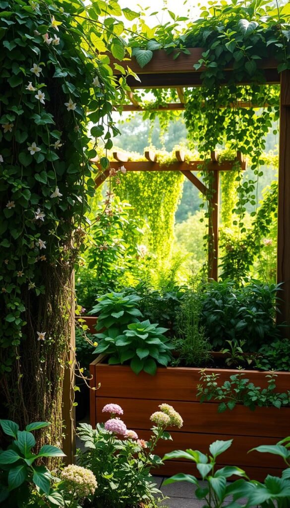 A lush, verdant oasis overflowing with sustainable garden elements. In the foreground, a thriving vertical garden cascades with trailing vines and blooming flowers, casting soft, dappled shadows. In the middle ground, a meticulously curated raised planter bed showcases a diverse array of leafy greens and colorful herbs. Nestled in the background, a charming, rustic wooden pergola supports a canopy of climbing plants, filtering the sunlight and creating a serene, nature-inspired ambiance. The scene is illuminated by warm, gentle lighting, evoking a sense of tranquility and harmony between the built and natural environments.
