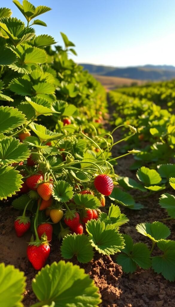 A lush, verdant organic strawberry garden bathed in warm, golden sunlight. In the foreground, a cluster of plump, glistening strawberries nestled amongst their vibrant green foliage. Trailing vines wind gracefully through the middle ground, showcasing the natural bounty and fertility of the soil. In the background, a picturesque landscape of rolling hills and a cloudless azure sky, creating a serene and tranquil atmosphere. The scene exudes a sense of vitality, highlighting the bountiful rewards of sustainable, organic strawberry cultivation.