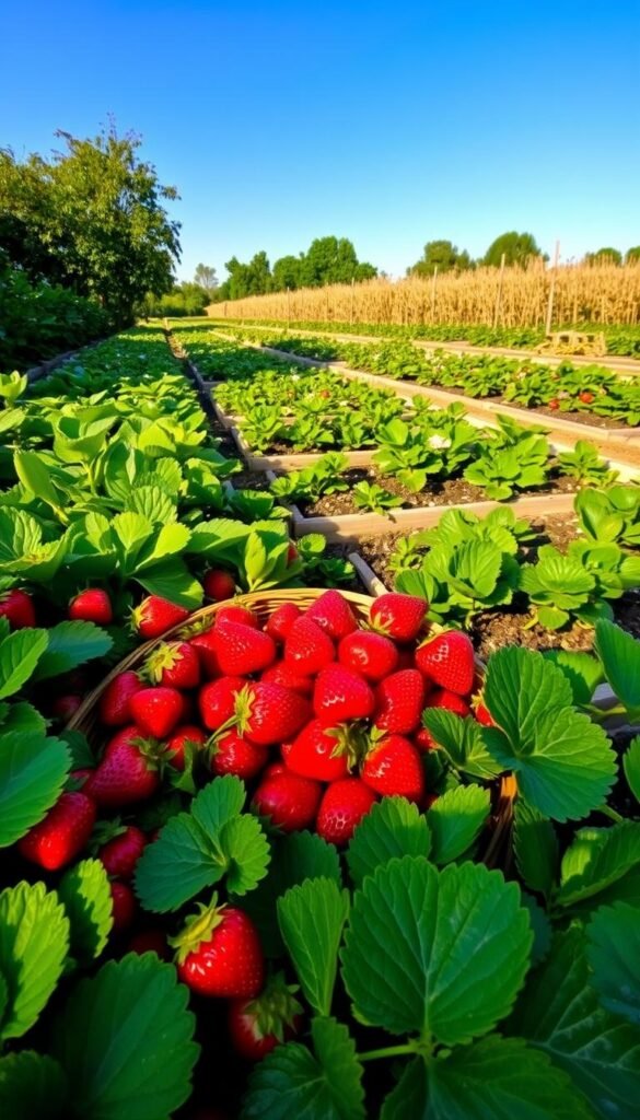 A lush, verdant organic strawberry garden in warm morning light, showcasing the vibrant red berries nestled amidst the thick green foliage. In the foreground, a basket overflows with freshly picked organic strawberries, their glistening surfaces reflecting the sun. The middle ground features neatly tended raised garden beds, the dark, nutrient-rich soil contrasting with the healthy plants. In the background, a conventional strawberry patch appears withered and pale in comparison, the berries smaller and less vibrant. The scene evokes a sense of natural abundance and the rewards of sustainable, organic gardening practices.