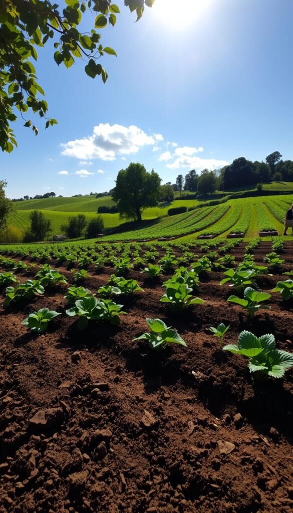 A lush, verdant organic strawberry garden under a bright, sun-dappled sky. In the foreground, the soil is freshly tilled, exposing rich, dark earth ready to nurture the delicate strawberry plants. Gentle slopes and soft, rolling hills create a picturesque landscape, with rows of raised garden beds waiting to be planted. A gentle breeze rustles the leaves of nearby trees, casting dappled shadows across the scene. The atmosphere is one of tranquility and anticipation, inviting the viewer to imagine the bounty of sweet, juicy strawberries soon to grace this idyllic setting.