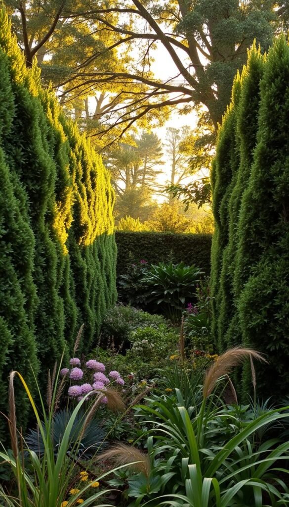 A lush, verdant outdoor oasis with natural privacy plants creating a tranquil, secluded atmosphere. In the foreground, a diverse array of tall, densely-packed evergreen shrubs and perennials form a tactile, textured screen, their foliage cascading elegantly. The middle ground features a mix of flowering plants and ornamental grasses, adding pops of color and movement. In the background, a canopy of mature trees filters the warm, golden-hour light, casting soft, dappled shadows across the scene. The overall composition evokes a sense of peaceful retreat, inviting one to linger and unwind in this private, nature-inspired sanctuary.