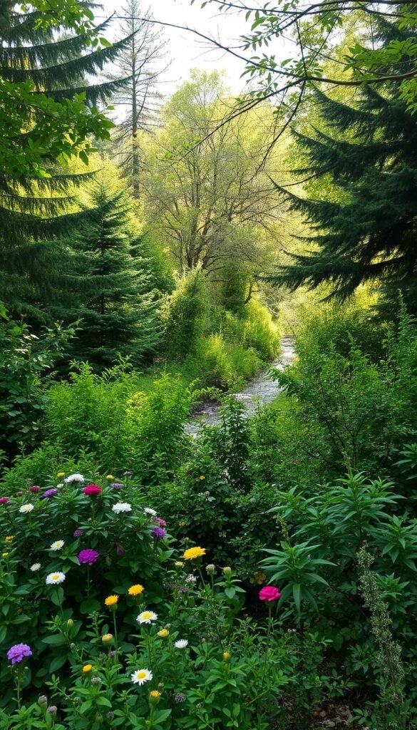 A lush, verdant outdoor scene showcasing a diverse array of native trees and shrubs in an ideal wildlife-friendly garden. In the foreground, a mix of flowering bushes and low-growing foliage creates a welcoming habitat for pollinators and small creatures. The middle ground features a mix of evergreen and deciduous trees, their branches intertwining to form a dense canopy. Sunlight filters through the leaves, casting a warm, natural glow across the scene. In the background, a glimpse of a winding path or stream suggests a serene, inviting space for wildlife to thrive. The overall composition evokes a sense of harmony between the cultivated garden and the wild, untamed beauty of nature.