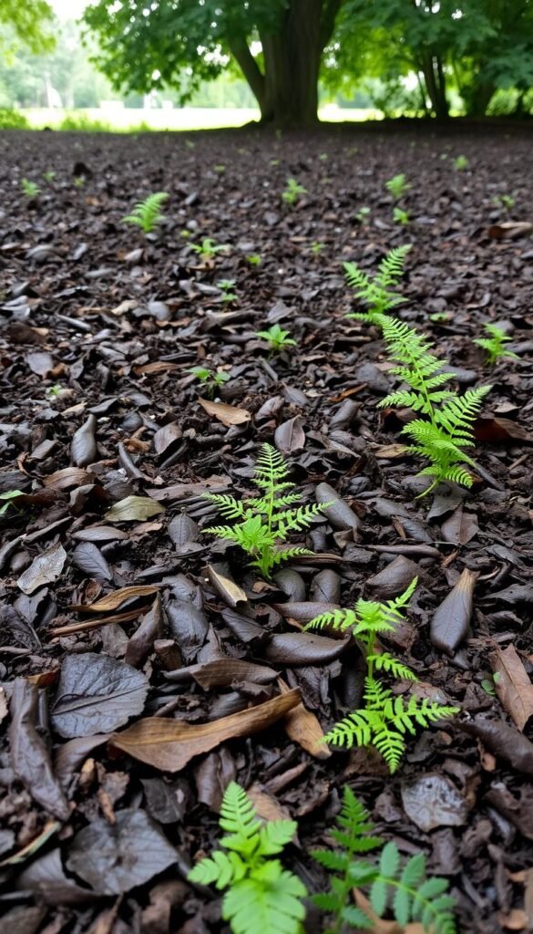 A lush, verdant patch of shade garden soil, its rich, dark hues glistening with moisture. In the foreground, a layer of fallen leaves and decomposing organic matter, creating a nutrient-rich mulch. Scattered throughout, delicate ferns unfurl their fronds, thriving in the low-light conditions. The middle ground reveals a loose, crumbly texture, inviting the touch of a gardener's hand. In the background, a soft, diffused light filters through the canopy of overhanging trees, casting a serene, mottled pattern on the ground below. The overall scene conveys a sense of peaceful tranquility, reflecting the ideal conditions for nurturing shade-loving flowers.