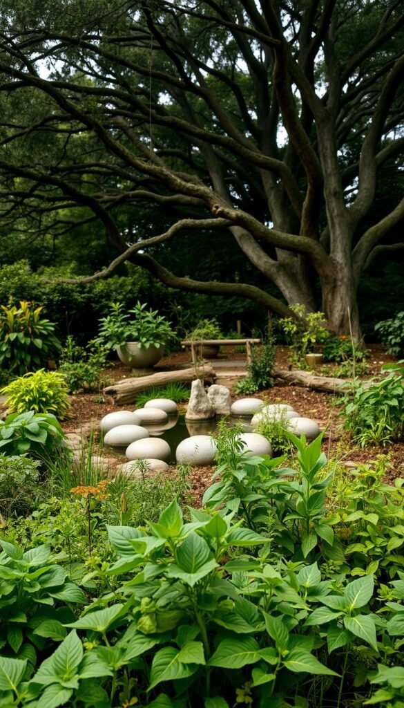 A lush, verdant permaculture garden in the foreground, showcasing a diversity of plants, herbs, and vegetables in an intricate, symbiotic arrangement. In the middle ground, a small pond or water feature reflecting the natural surroundings, with strategically placed rocks and logs creating a sense of balance and harmony. The background features a canopy of mature trees, their branches intertwined, creating a serene, shaded atmosphere. The lighting is soft and diffused, capturing the essence of a thriving, self-sustaining ecosystem. The overall composition conveys a sense of abundance, interconnectedness, and the principles of permaculture design.