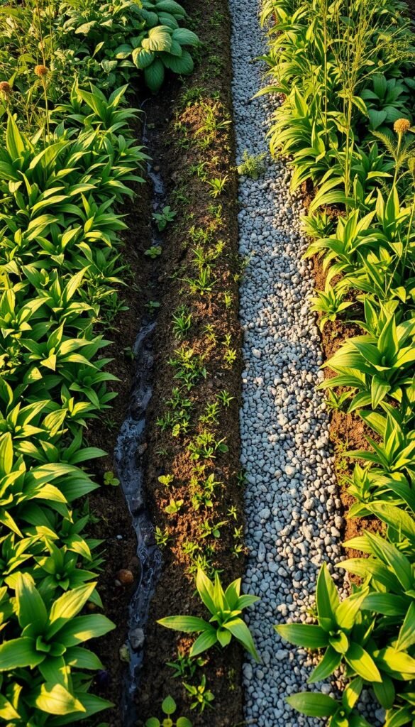 A lush, verdant rain garden, divided into two distinct sections. On the left, an infiltration system showcases natural filtration through permeable soil and vegetation, with rainwater slowly seeping into the ground. On the right, a filtration system demonstrates a more engineered approach, featuring gravel-lined channels and strategically placed plants to capture and filter stormwater runoff. Warm, soft lighting illuminates the scene, casting gentle shadows and highlighting the intricate textures of the foliage. The overall composition creates a harmonious balance between natural and designed elements, showcasing the eco-friendly principles of rain garden design.