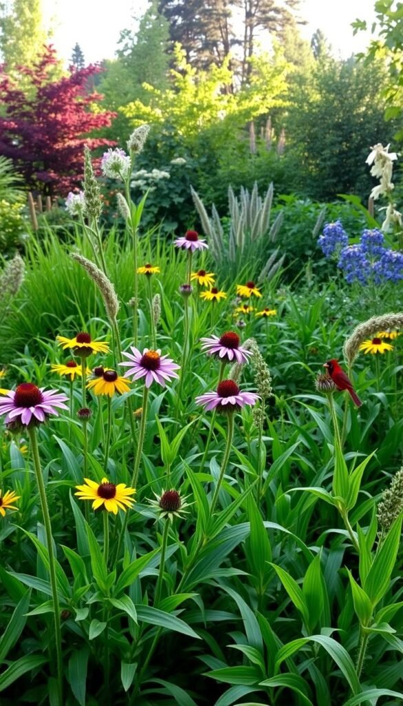 A lush, verdant rain garden filled with an abundance of native plants, bathed in soft, diffused natural light. In the foreground, vibrant blooms of purple coneflowers, yellow coreopsis, and blue cardinal flowers sway gently in a light breeze. The middle ground features a mix of leafy native grasses and sedges, their foliage creating a harmonious tapestry of textures and greens. In the background, a backdrop of native shrubs and trees, including red maples and river birches, provide a natural, woodland-inspired setting. The overall scene conveys a sense of tranquility and ecological balance, perfectly capturing the essence of a thriving, eco-friendly rain garden.