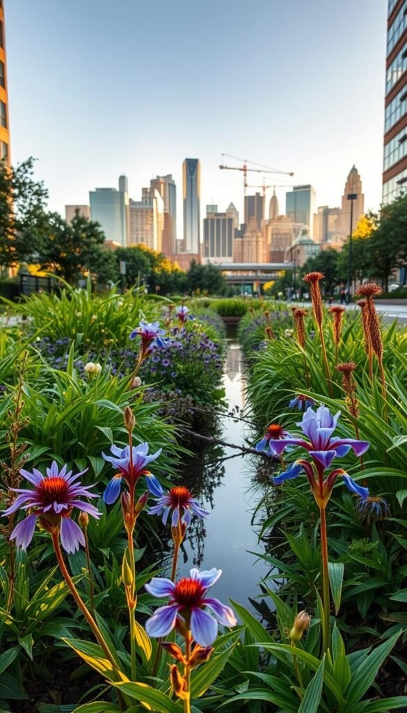 A lush, verdant rain garden in an urban setting, showcasing its ecological benefits. In the foreground, vibrant native plants like purple coneflowers, blue flag irises, and red-twig dogwoods thrive, their foliage gently swaying in a light breeze. The middle ground reveals a shallow depression filled with water, capturing and filtering stormwater runoff from nearby streets and buildings. In the background, a city skyline with towering skyscrapers and cranes creates a dynamic contrast, highlighting the garden's role in balancing the demands of urban development and environmental sustainability. The scene is bathed in warm, golden afternoon light, evoking a sense of tranquility and the harmonious integration of nature and the built environment.