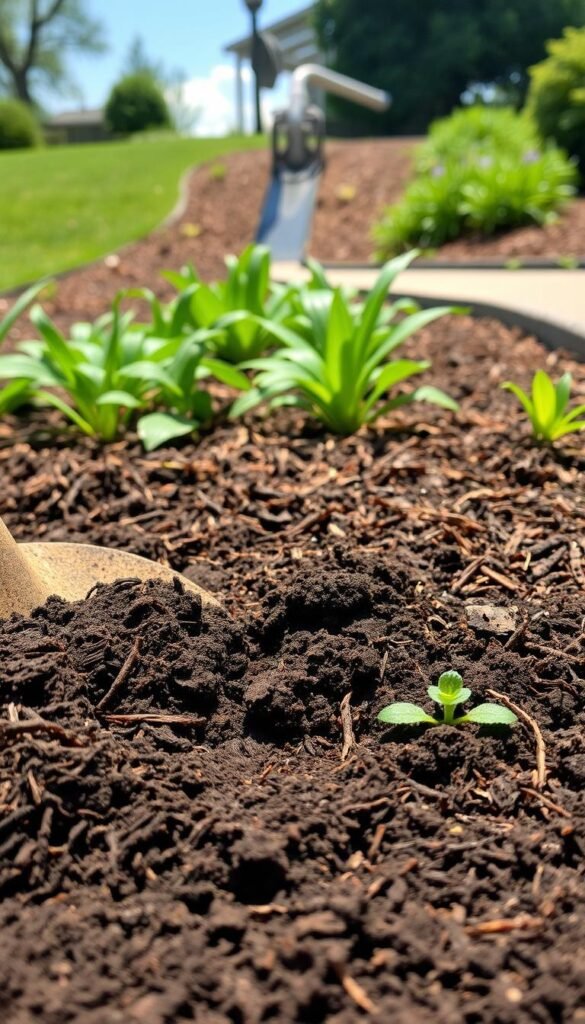 A lush, verdant rain garden scene on a sunny day, with a close-up view of the soil preparation process. In the foreground, shovel-turned earth reveals rich, dark loam, ready to absorb and filter stormwater. Mid-ground showcases a variety of native plants, their roots anchoring the soil. In the background, a gently sloping landscape leads the eye to a decorative downspout, channeling water into the prepared bed. Soft, diffused lighting highlights the intricate textures of the soil, mulch, and vegetation, conveying a sense of harmony between nature and sustainable design.