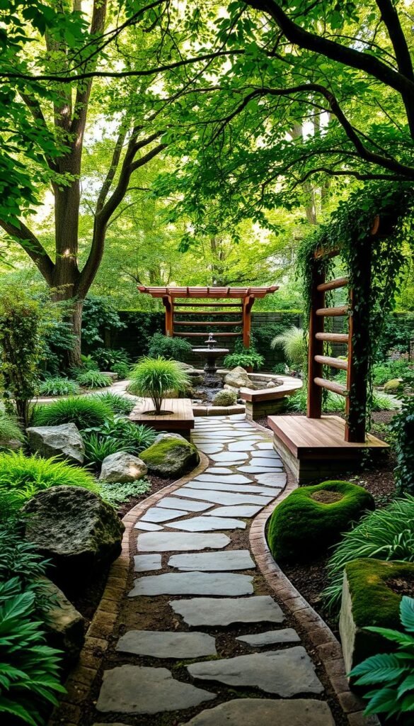 A lush, verdant shade garden with carefully curated hardscape elements. In the foreground, a meandering stone pathway leads the eye deeper into the scene, flanked by ornamental boulders and mossy logs that provide natural seating areas. The middle ground features a tranquil water feature, its gentle sounds complementing the dappled light filtering through the overhead canopy of towering trees. In the background, a rustic wooden arbor draped in cascading vines frames the composition, inviting visitors to explore this secluded, serene retreat.