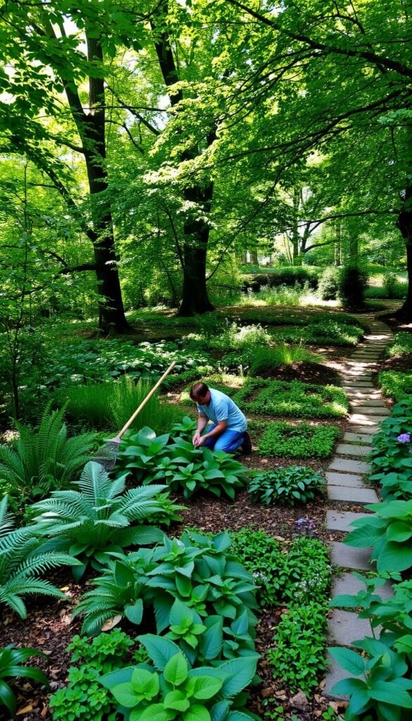 A lush, verdant shade garden with dappled sunlight filtering through the canopy of towering trees. In the foreground, a gardener kneels, tending to the soil, pruning wayward stems, and gently raking away fallen leaves. The middle ground showcases a diverse array of shade-loving plants - ferns, hostas, and woodland wildflowers - thriving in the mottled light. In the background, a stone path meanders through the tranquil garden, inviting exploration. The scene conveys a sense of quiet contemplation and the nurturing care required to maintain a thriving shade garden oasis.