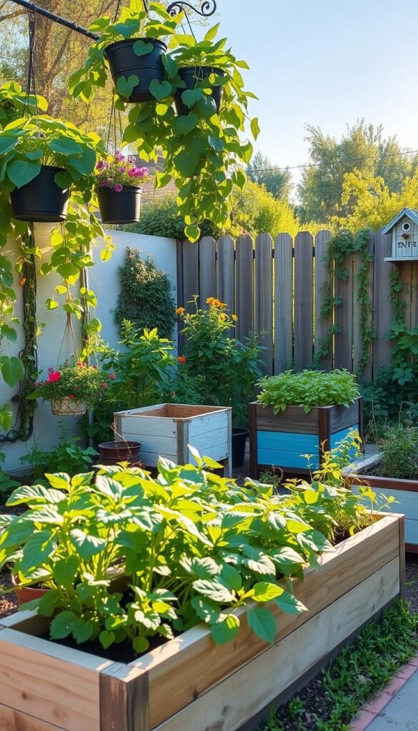 A lush, verdant small backyard garden with raised garden beds, hanging planters, and vertical trellises filled with climbing vines. The sun casts a warm, golden glow over the scene, highlighting the vibrant greens and colorful blooms. In the foreground, neatly arranged vegetable and herb plants make efficient use of the limited space, while in the middle ground, a compact compost bin and a repurposed potting bench add functionality. In the background, a charming wooden fence and a birdhouse create a sense of enclosure and privacy. The overall composition conveys a harmonious, well-planned and maximized small garden space.