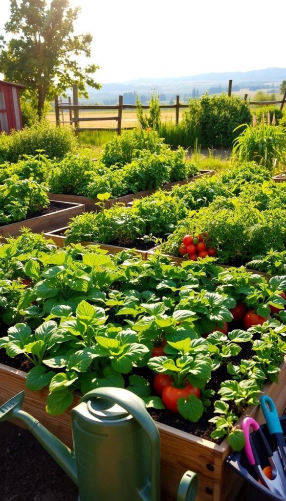 A lush, verdant square foot garden, its raised beds brimming with thriving vegetables and herbs. The sun casts a warm, golden glow, illuminating the neat grid of planting sections. In the foreground, a watering can and gardening tools sit nearby, ready for tending the bountiful harvest. In the middle ground, leafy greens, colorful tomatoes, and fragrant herbs grow in harmony, showcasing the benefits of this efficient, space-saving gardening method. The background features a picturesque landscape, perhaps a wooden fence or a shed, adding to the serene, rural atmosphere. The entire scene exudes a sense of productivity, sustainability, and the joys of homegrown, nourishing food.