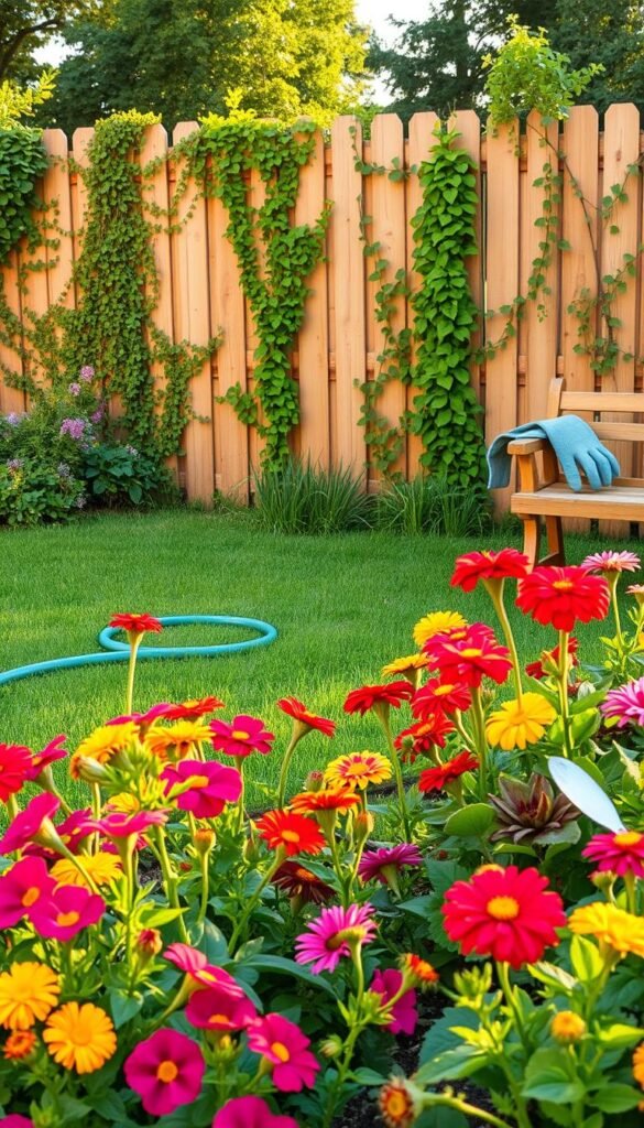 A lush, verdant summer garden scene, bathed in warm, golden sunlight. In the foreground, vibrant flowers in full bloom - colorful petunias, marigolds, and zinnias sway gently in a soft breeze. The middle ground features a neatly trimmed lawn, with a garden hose coiled nearby, ready for watering. In the background, a wooden fence encloses the garden, ivy and climbing vines cascading over its surface. A pair of gardening gloves and a small trowel rest on a wooden bench, suggesting the recent efforts of a diligent gardener. The overall atmosphere is one of tranquility and abundance, capturing the essence of summer garden care and maintenance.