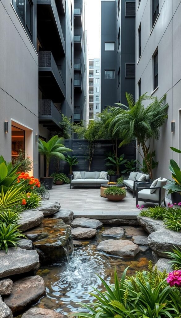 A lush, verdant urban courtyard design, showcasing a harmonious blend of modern architecture and natural elements. In the foreground, a tranquil water feature gently cascades over smooth stones, surrounded by an array of vibrant, low-maintenance plants. The middle ground features a variety of seating options, including a stylish outdoor sofa and armchairs, inviting visitors to relax and unwind. The background is defined by the sleek, minimalist facades of surrounding buildings, their clean lines providing a striking contrast to the organic textures and colors of the garden. Soft, diffused lighting illuminates the space, creating a warm, inviting ambiance perfect for an urban private retreat.