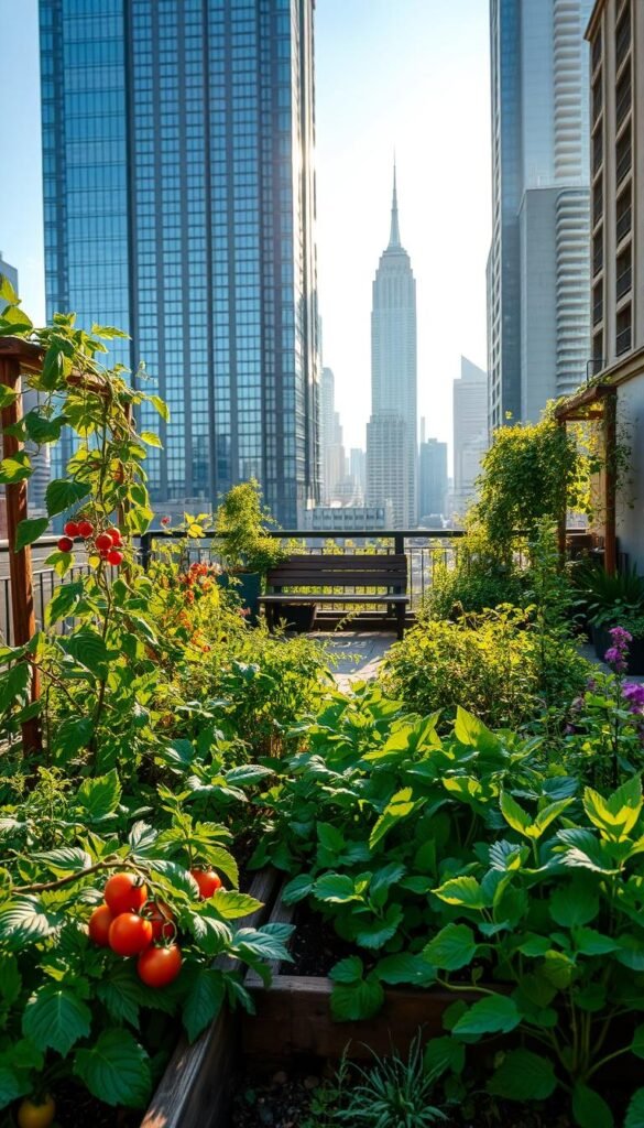 A lush, verdant urban garden thriving amidst the concrete jungle. In the foreground, vibrant vegetables and herbs flourish in raised beds, their leaves glistening under the warm afternoon sun. Tomato vines climb trellises, while leafy greens and fragrant flowers spill over the edges. In the middle ground, a small seating area with a rustic wooden bench provides a tranquil oasis for relaxation and appreciation. The background features the towering silhouettes of skyscrapers, a reminder of the harmony between nature and the urban environment. The scene is bathed in a soft, golden light, conveying a sense of peacefulness and the rejuvenating benefits of urban gardening.