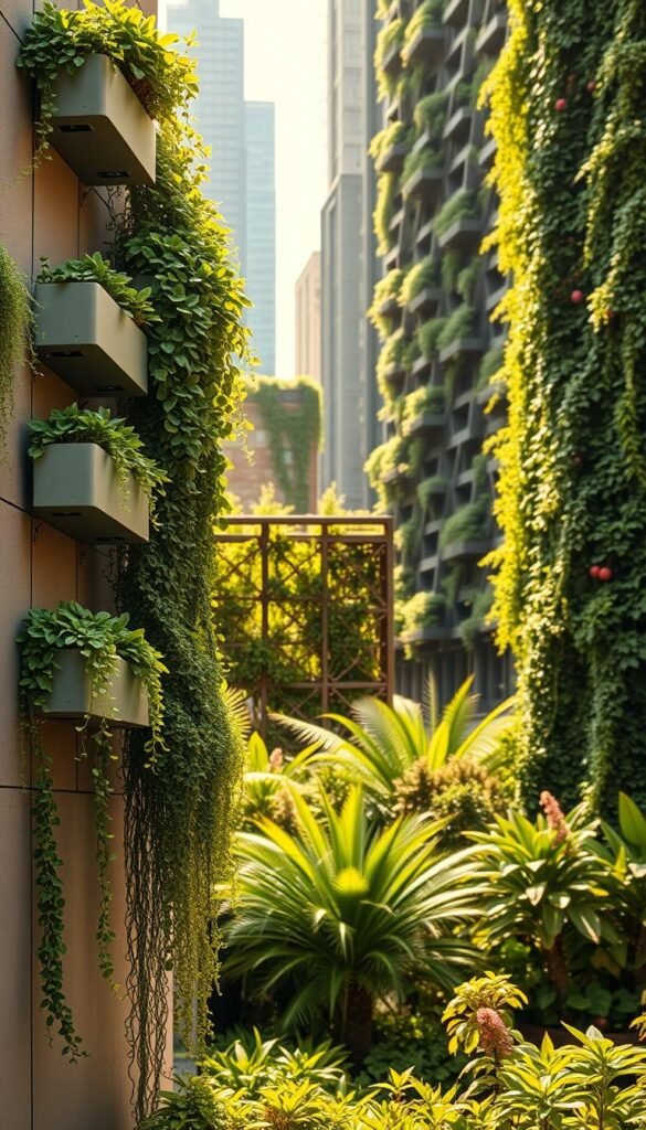 A lush, verdant urban landscape with a variety of vertical gardening structures taking center stage. In the foreground, sleek modular planters cascade down a concrete wall, their vibrant foliage trailing gracefully. In the middle ground, intricate lattice trellises support thriving vines and climbing plants, creating a sense of depth and dimension. The background features a series of towering living walls, their dense greenery and cascading blooms softening the hard edges of the cityscape. Warm, natural lighting filters through, casting a golden glow and accentuating the textures and colors of the diverse flora. The overall scene conveys a harmonious blend of nature and modern architecture, showcasing the potential of vertical gardening to transform urban spaces.